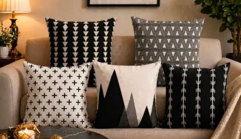 Black and white geometric cushion covers on a sofa