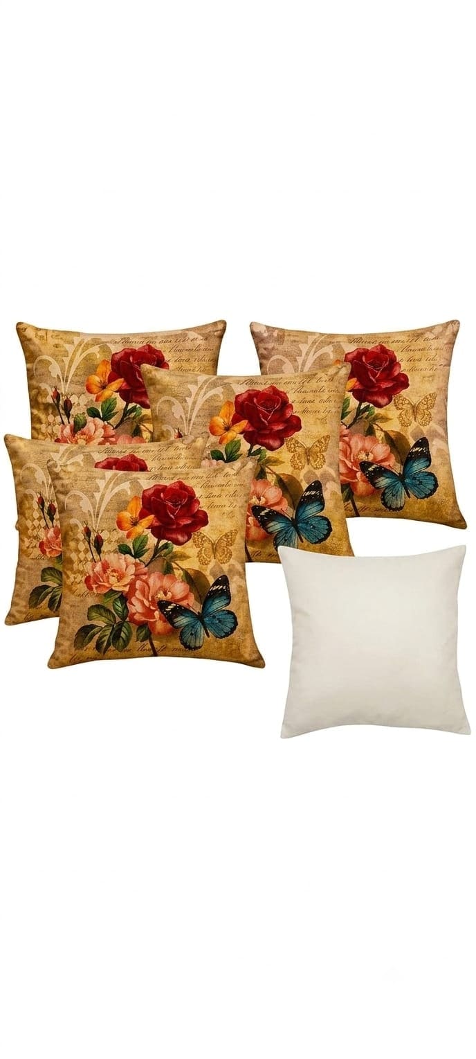 Red and gold floral cushion covers with a plain cream cover