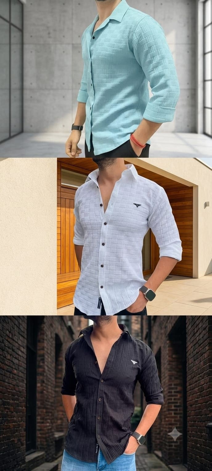 Man modelling the men's shirt in light blue, white and navy