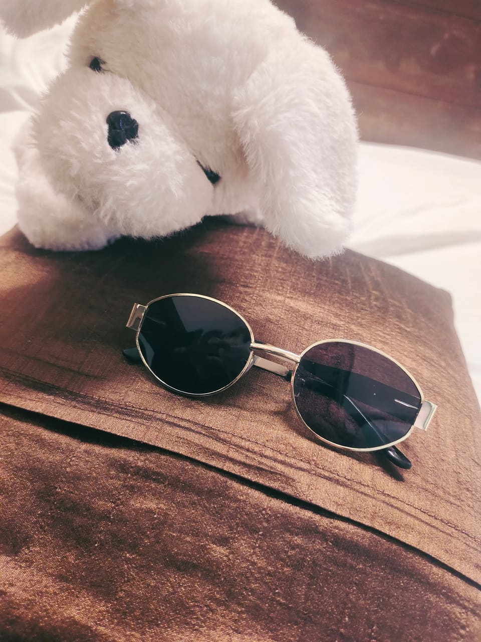 SK Style 03 round sunglasses on a wooden table beside a teddy bear